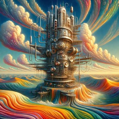 The primary subject of the image is a large, colorful building with many pipes and wires. The building is situated in a vibrant, rainbow-colored landscape, which adds a sense of whimsy and creativity to the scene. The visual style of the image is a combination of digital art and illustration, creating a unique and imaginative representation of the building. The colors and mood of the image are predominantly bright and cheerful, with the rainbow colors of the landscape providing a sense of energy and positivity.